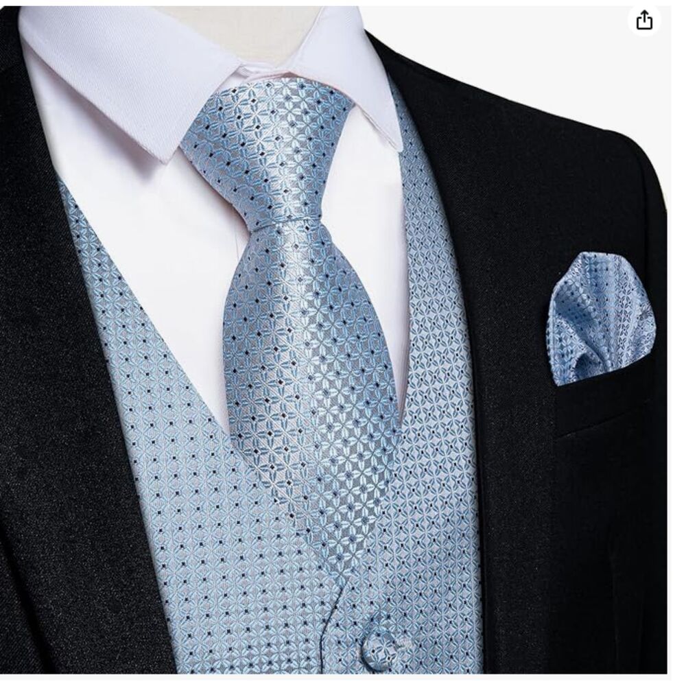 DiBanGu Mens Silk Vest & Tie Set Formal - Necktie Pocket Square Cufflinks - Picture 5 of 7